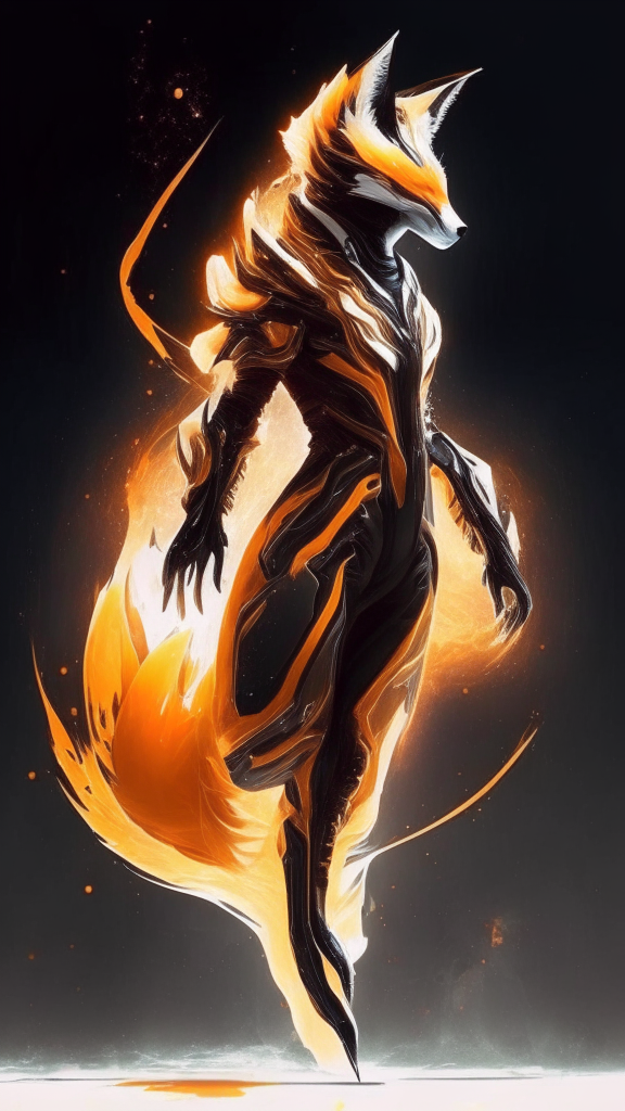 fox warframe suit that is orange and black with an ethereal energy tail