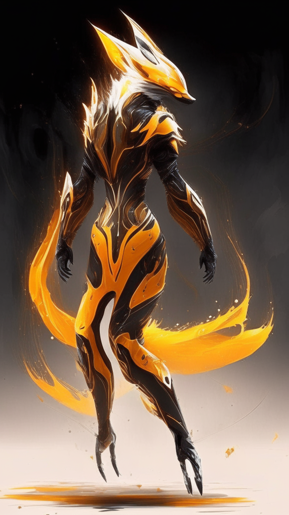 fox warframe suit that is orange and black with an ethereal energy tail