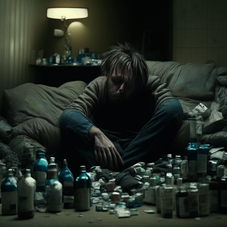 A man is sitting on the sofa, surrounded by empty bottles and empty cigarette packs. He looks sad and dejected. The camera zooms in on his face, reflecting despair.