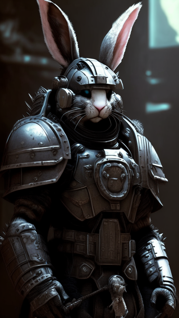 Rabbit inspired terminator armor in the warhammer 40k verse with helmet. and bunny skulls on the pauldrons