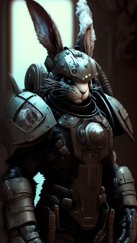 Rabbit inspired terminator armor in the warhammer 40k verse with helmet. and bunny skulls on the pauldrons