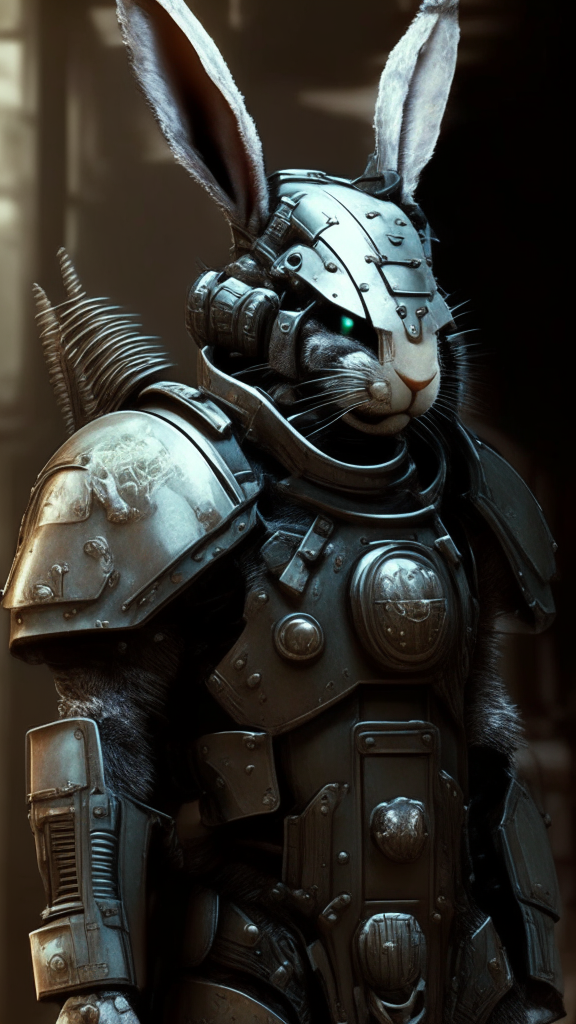 Rabbit inspired terminator armor in the warhammer 40k verse with helmet. and bunny skulls on the pauldrons