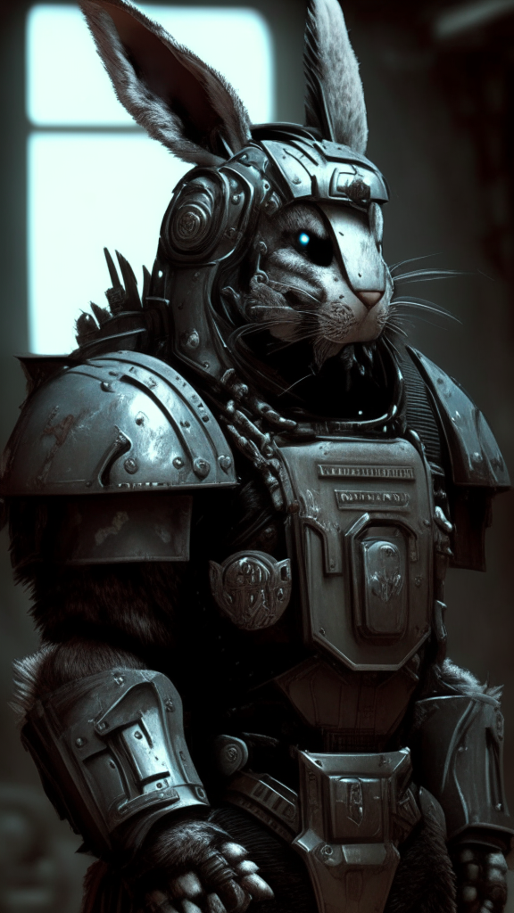 Rabbit inspired terminator armor in the warhammer 40k verse with helmet. and bunny skulls on the pauldrons