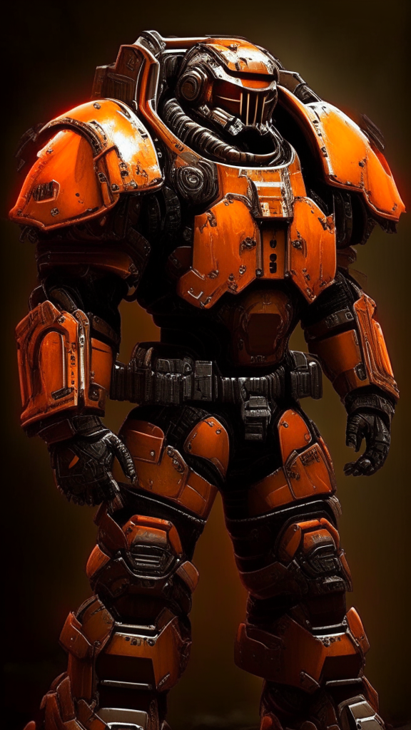 create a warhammer 40k Terminator armor space marine in orange and black armor