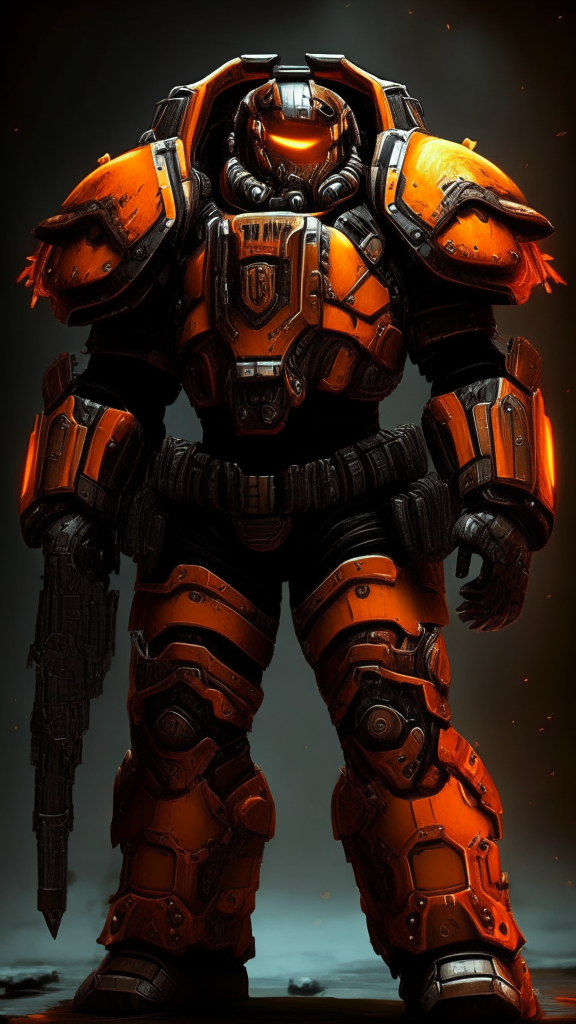 create a warhammer 40k Terminator armor space marine in orange and black armor