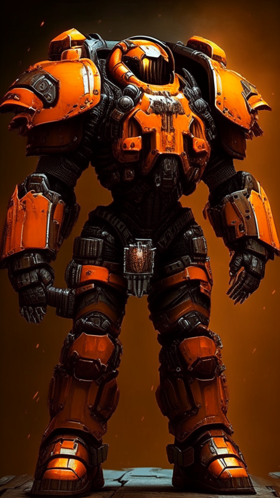 create a warhammer 40k Terminator armor space marine in orange and black armor