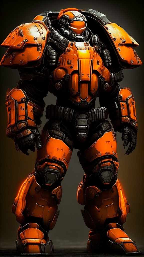 create a warhammer 40k Terminator armor space marine in orange and black armor