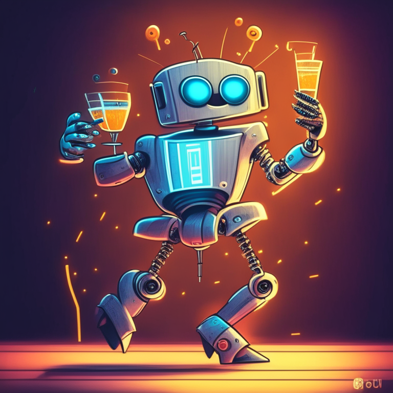 a happy robot dancing at a dance club with a cocktail in its hand