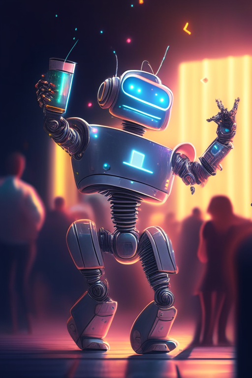 a happy realistic robot dancing at a dance club with a cocktail in its hand