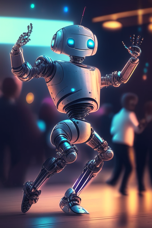 a happy realistic AI robot dancing at a dance club with a cocktail in its hand