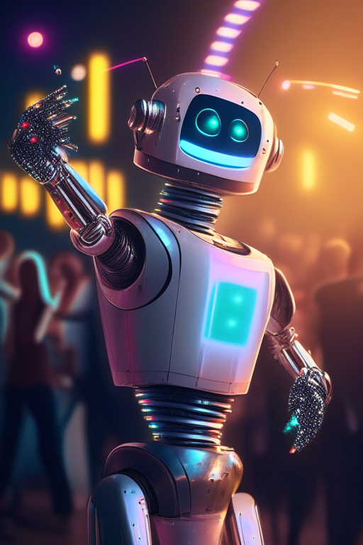 a happy realistic AI robot dancing at a dance club with a cocktail in its hand