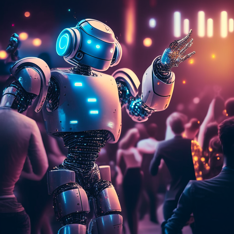 artificial intelligence robot dancing at a dance club with a cocktail in their hand