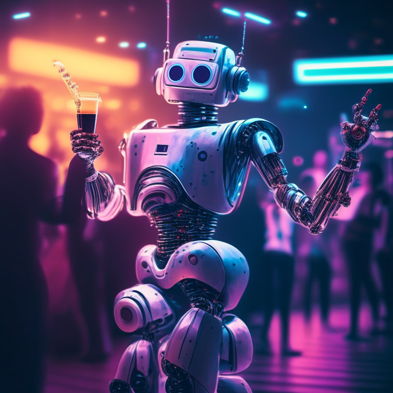 artificial intelligence robot dancing at a dance club with a cocktail drink in their hand