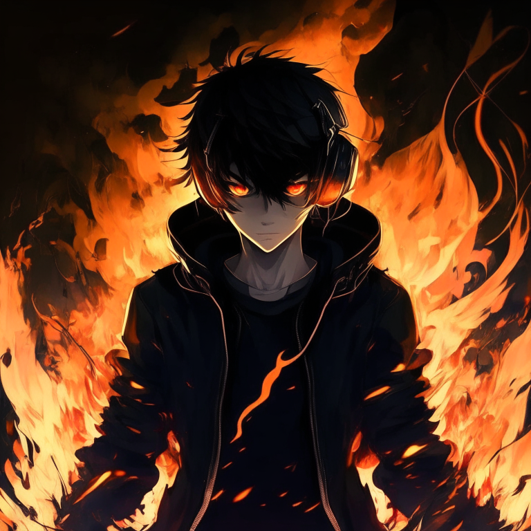 DJ Alok anime,  black clothes, background Fire 