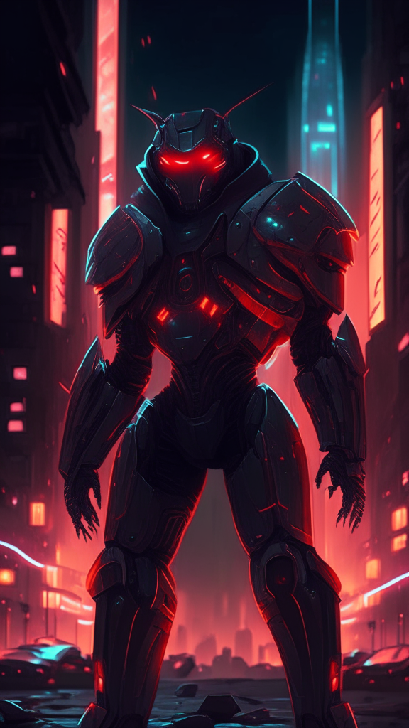 a robot assassin with hexagonal armor plates, glowing red eyes, standing in a futuristic city at night