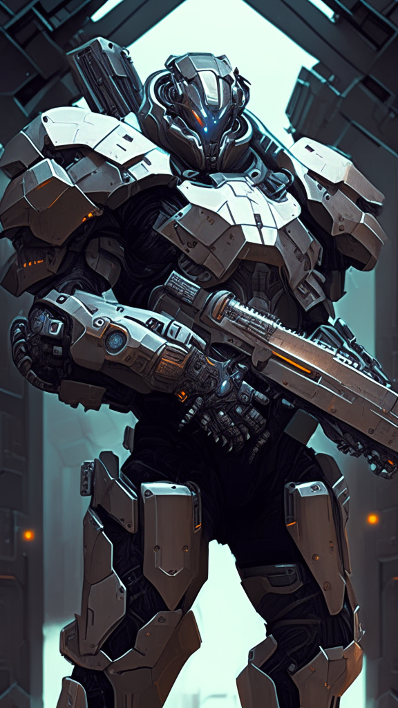 a robot assassin covered in interlocking hexagon shaped armor panels, holding a large gun