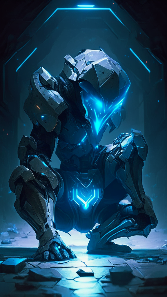 a robot assassin crouched and ready to attack, its hexagon shaped armor reflecting blue light