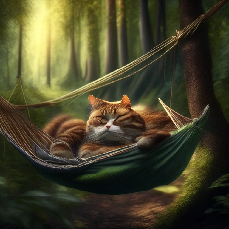 cat smoking relaxed in a hammock in a forest