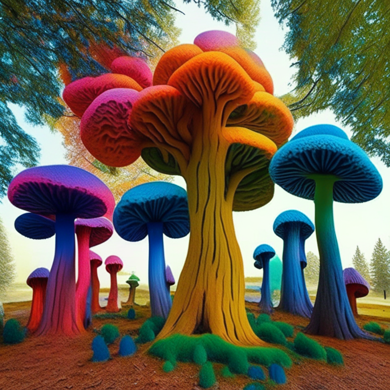 trees in the shape of colored mushrooms