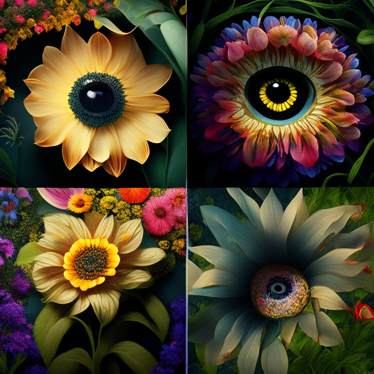 evolution of a flower garden with exotic petals and eyes