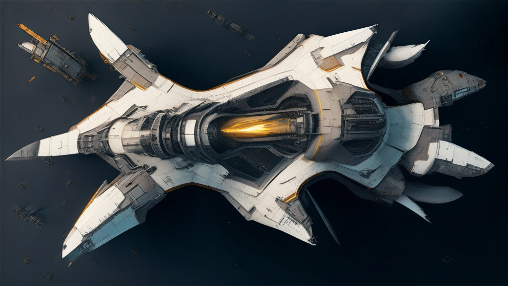 top down view of an industrial futuristic fighter craft