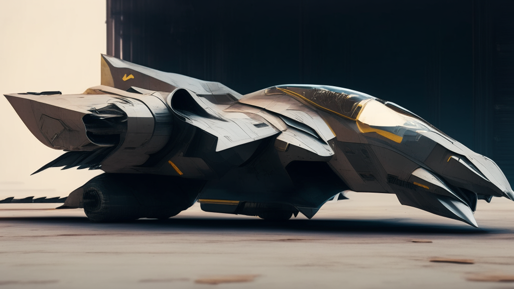 flat side view of an industrial futuristic fighter craft
