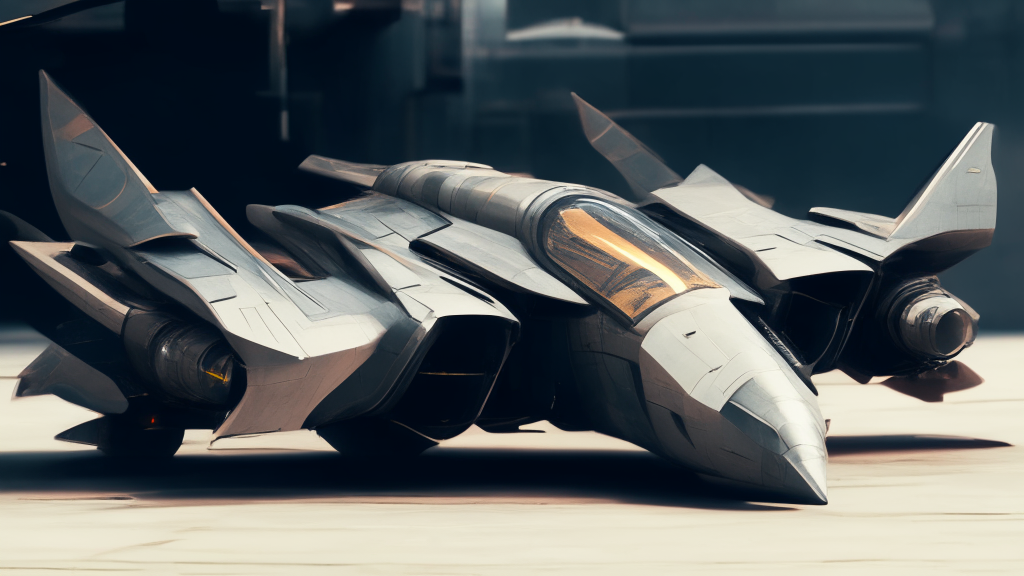 flat side view of an industrial futuristic fighter craft with futuristic turbines
