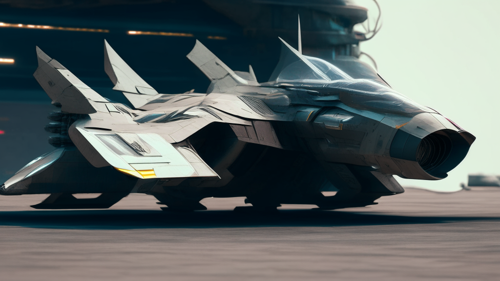 flat side view of an industrial futuristic fighter craft with futuristic turbines