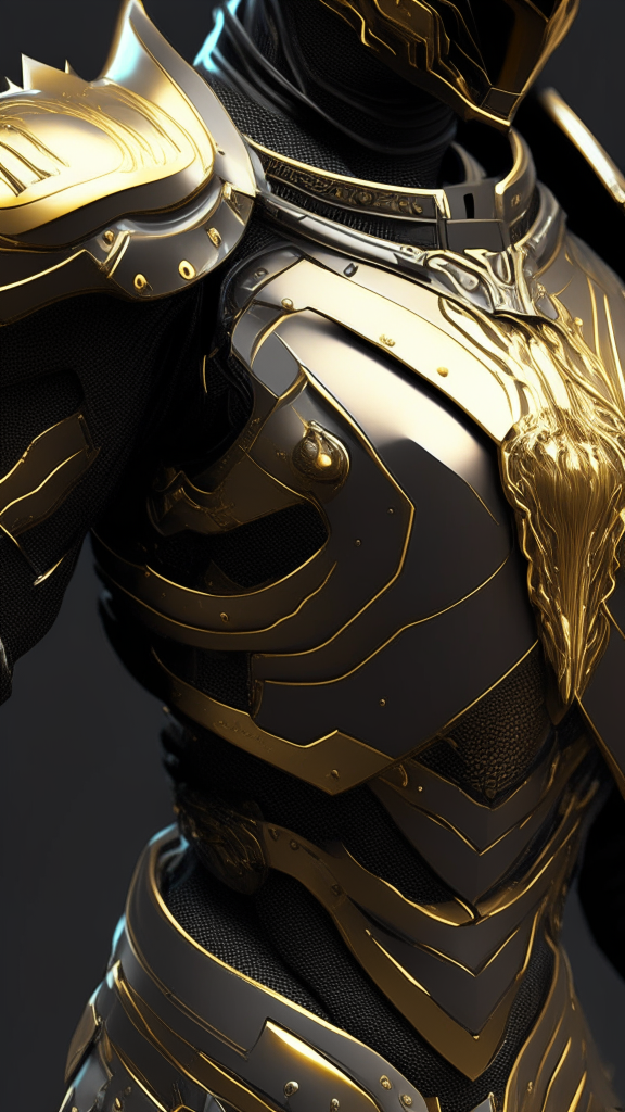 black color scheme, gold highlights, futuristic sci fi armor