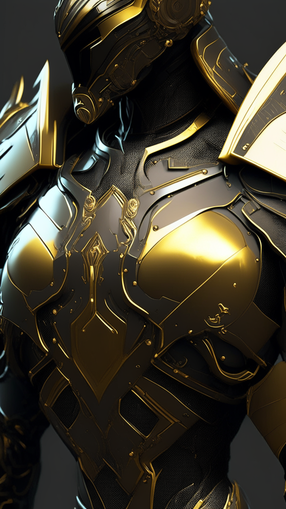 black color scheme, gold highlights, futuristic sci fi armor