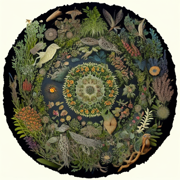 a mandala made of living plants, organisms and animals