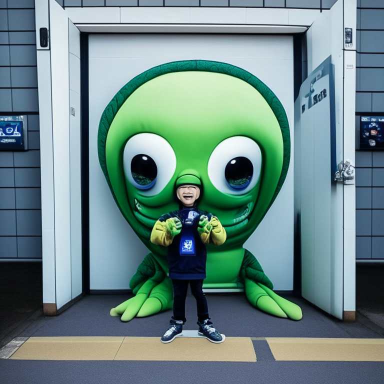 A 5 year old boy taking a photo with 4 Aliens Mascot Costume At the Door of a Football Stadium in Seoul South Korea 