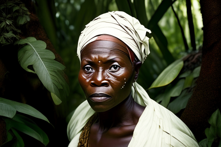 i want to create a picture of Nanny of the maroons, ghanaian woman warrior wearing a white headwrap and girdle and leaves for camaflogue, warrior blending in with surroundings, eyes forward, forward facing, short and muscular and strong with intense eyes, confident, eyes straight ahead, in a jamaican bush forest, even light, square shoulders, depiction of rural life in Jamacia in 1820, realistic figure