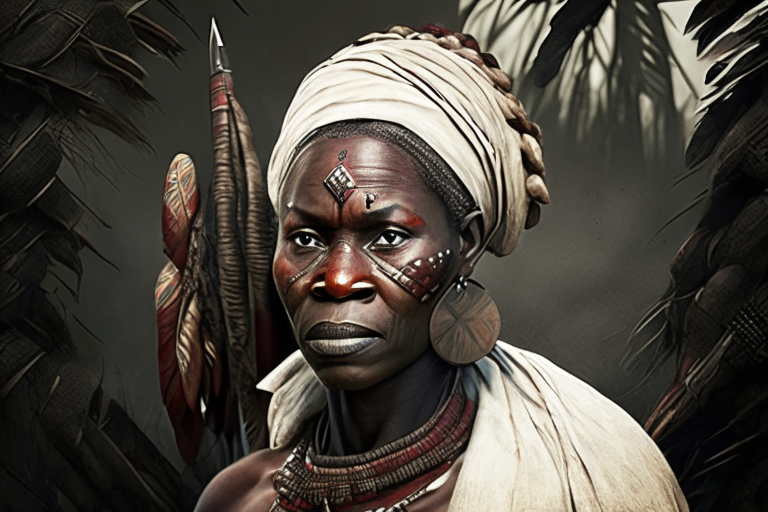 Nanny of the maroons, Ghanaian warrior woman looking more like a leader, confident posture, head held high, determined expression, eyes focused on distant horizon