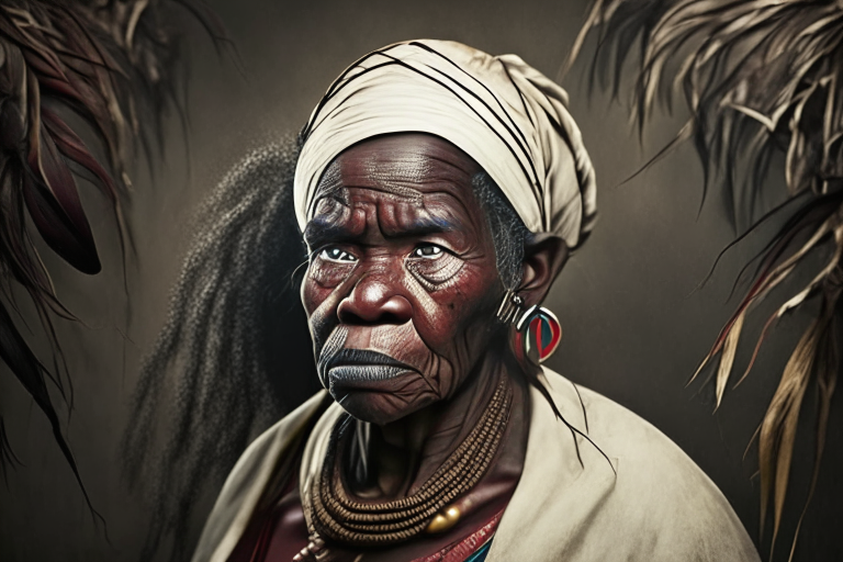 Nanny of the maroons facing forward with an intense, focused gaze