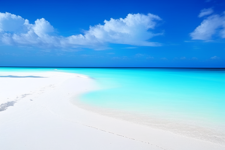 a wide beach with white sand and blue ocean