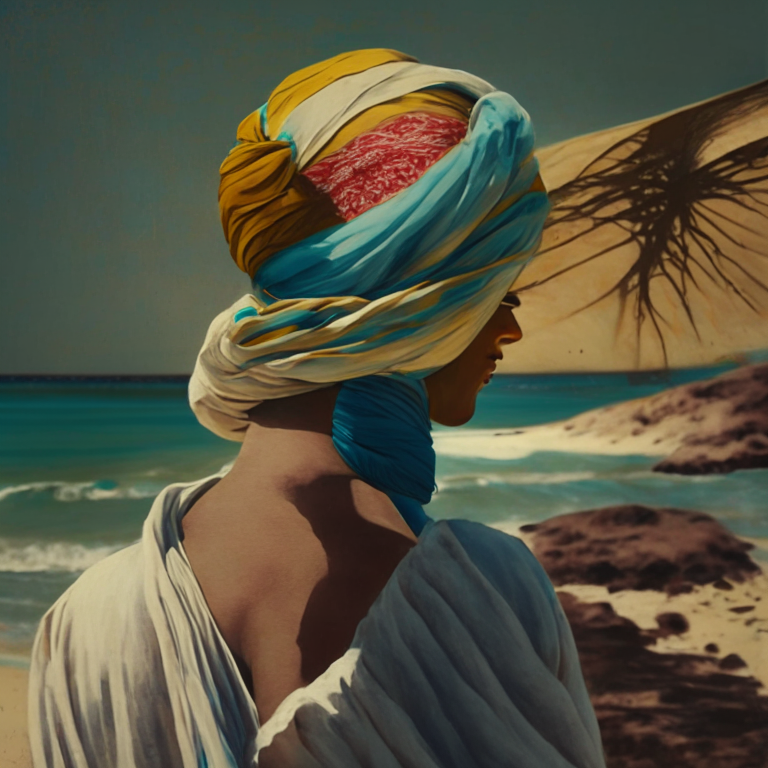 the woman with a turban in front of the beach