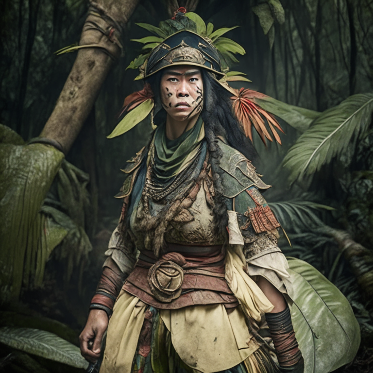 a woman wearing 18th century jungle warrior clothes