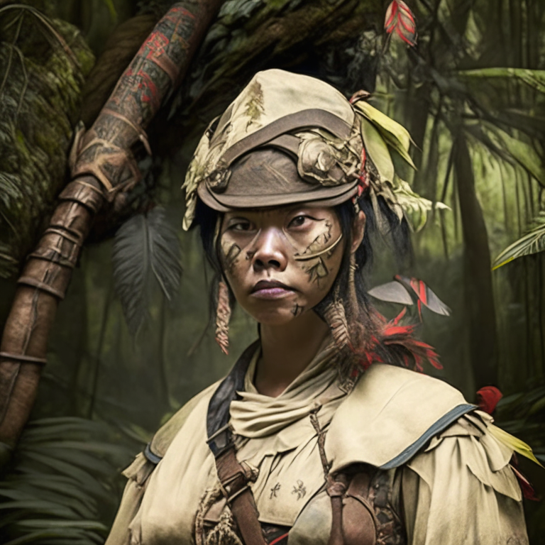a woman wearing 18th century jungle warrior clothes