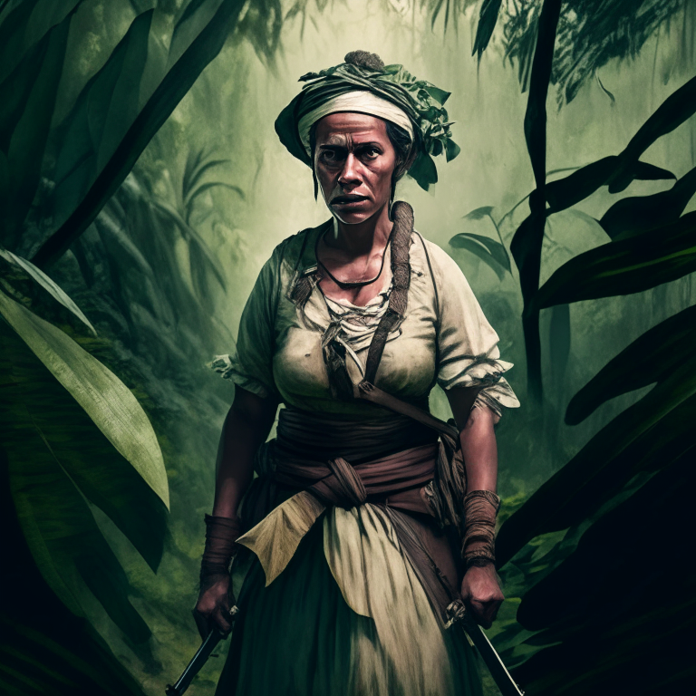 a woman from the 18th century dressed as a jungle fighter, holding a machete and standing in the jungle
