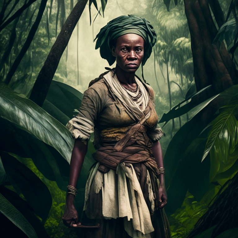 a woman from 18th century Africa dressed as a jungle fighter, holding a machete and standing in the jungle