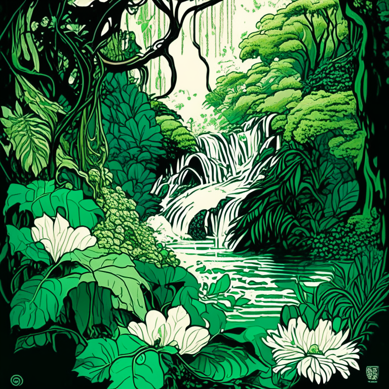 A lush paradise with a river flowing with emerald water, a waterfall, lush greenery and breathtaking flowers