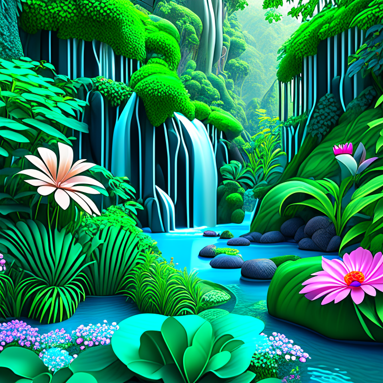 A lush paradise with a river flowing with emerald water, a waterfall, lush greenery and breathtaking flowers