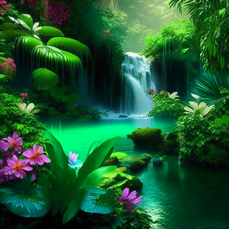 A lush paradise with a river flowing with emerald water, a waterfall, lush greenery and breathtaking flowers