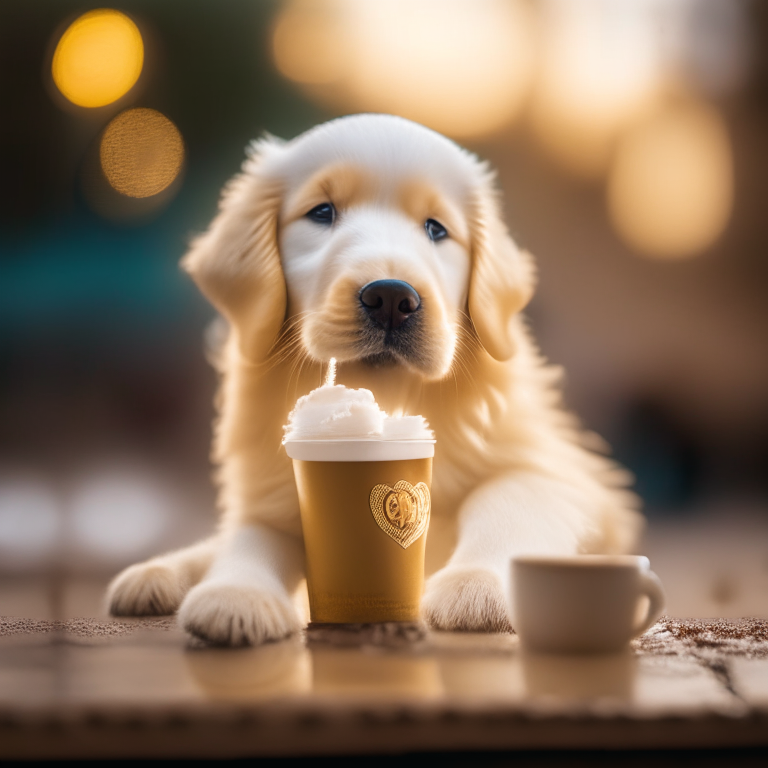 a golden retriever puppy drinking a latte with heart-shaped foam art, bokeh, 35mm