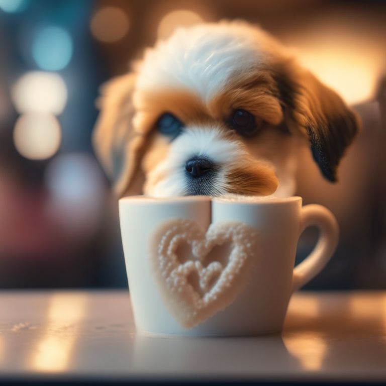 a cute puppy drinking a latte with heart-shaped foam art, bokeh, 35mm