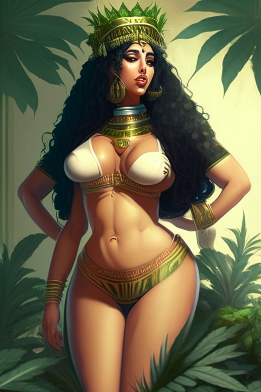 25 year old voluptuous Egyptian princess with big dreary wearing skimpy outfit growing cannabis plants in modern day. 