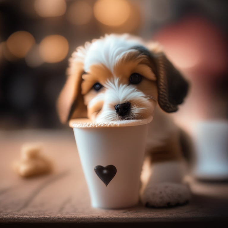 a cute puppy drinking a latte with heart-shaped foam art, bokeh, 35mm