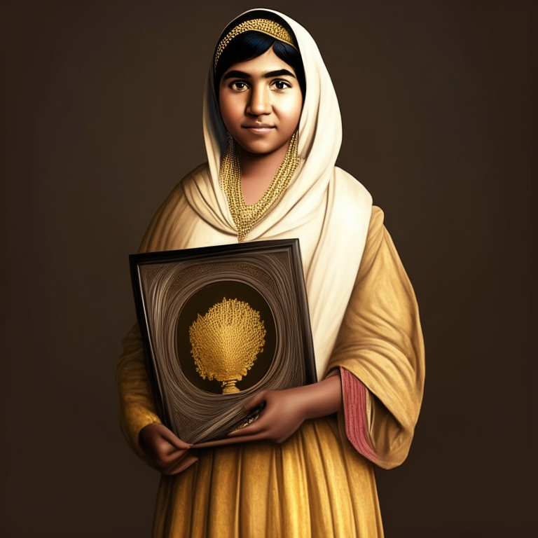 Malala Yousafzai beautyfull, holding the nobel prize, full body
