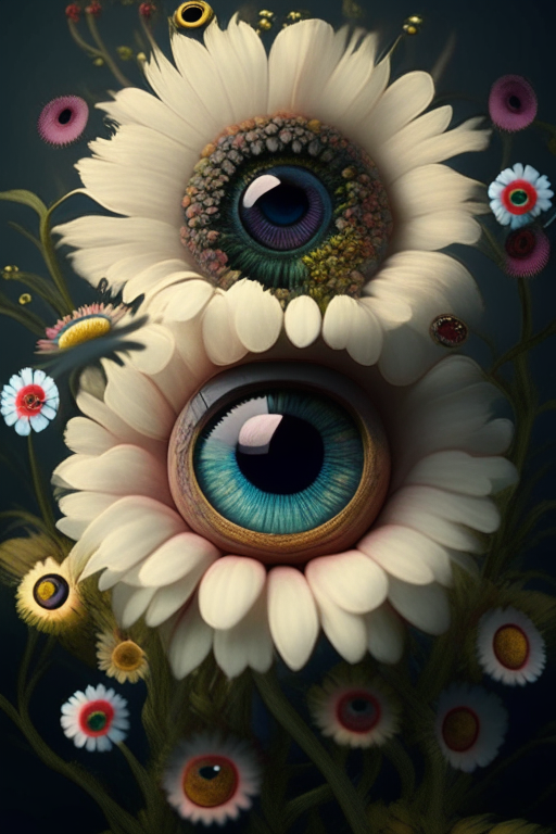 flowers making a face, eyes are flowers with eyeballs inside